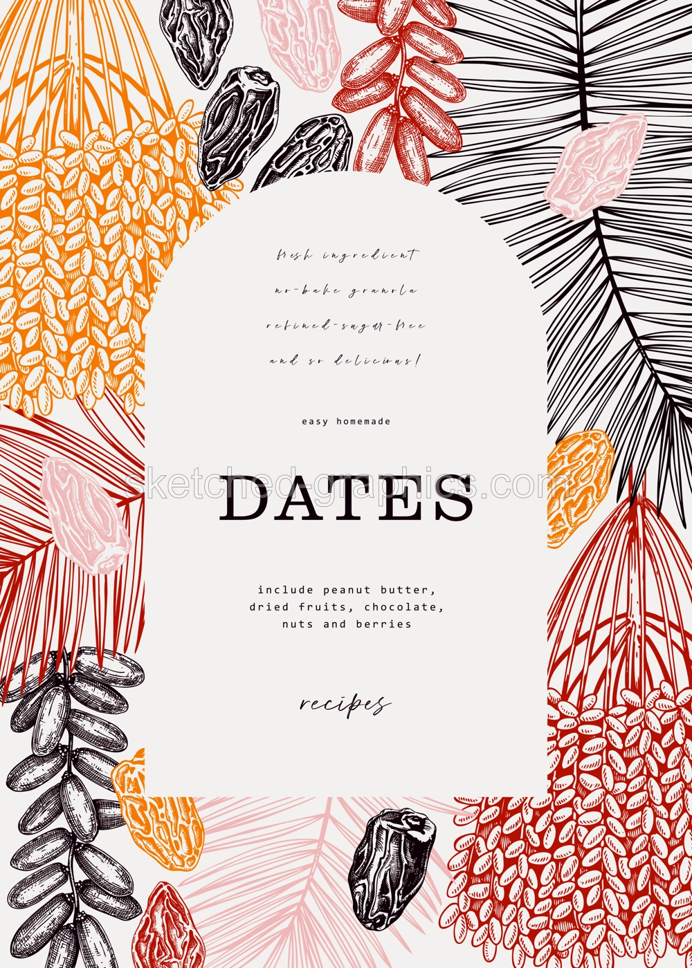 Vector card design with date palm leaves and dried fruits illustrations in color. Hand drawn vegan food ingredients sketches vector background. Arabic style frame template Illustration